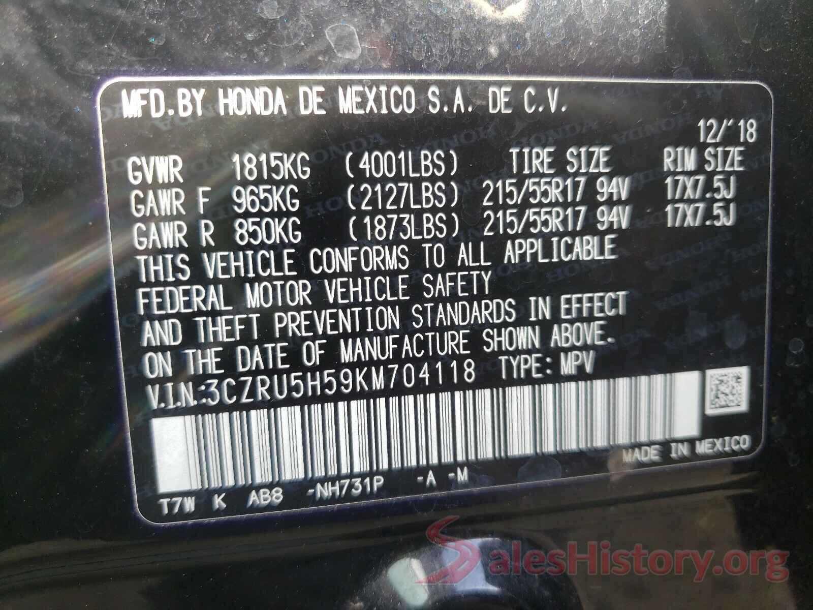 3CZRU5H59KM704118 2019 HONDA HR-V