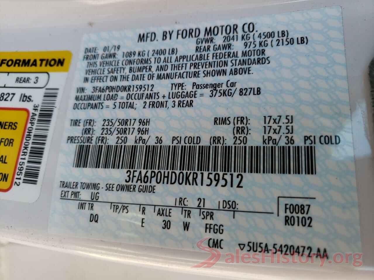 3FA6P0HD0KR159512 2019 FORD FUSION