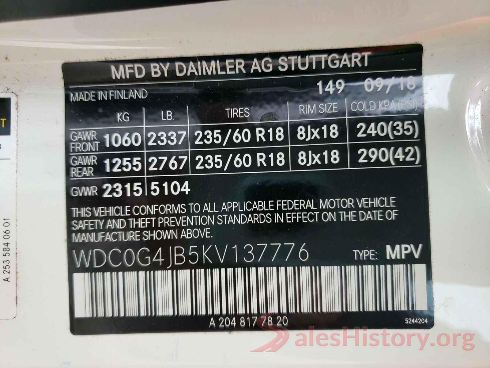 WDC0G4JB5KV137776 2019 MERCEDES-BENZ G CLASS