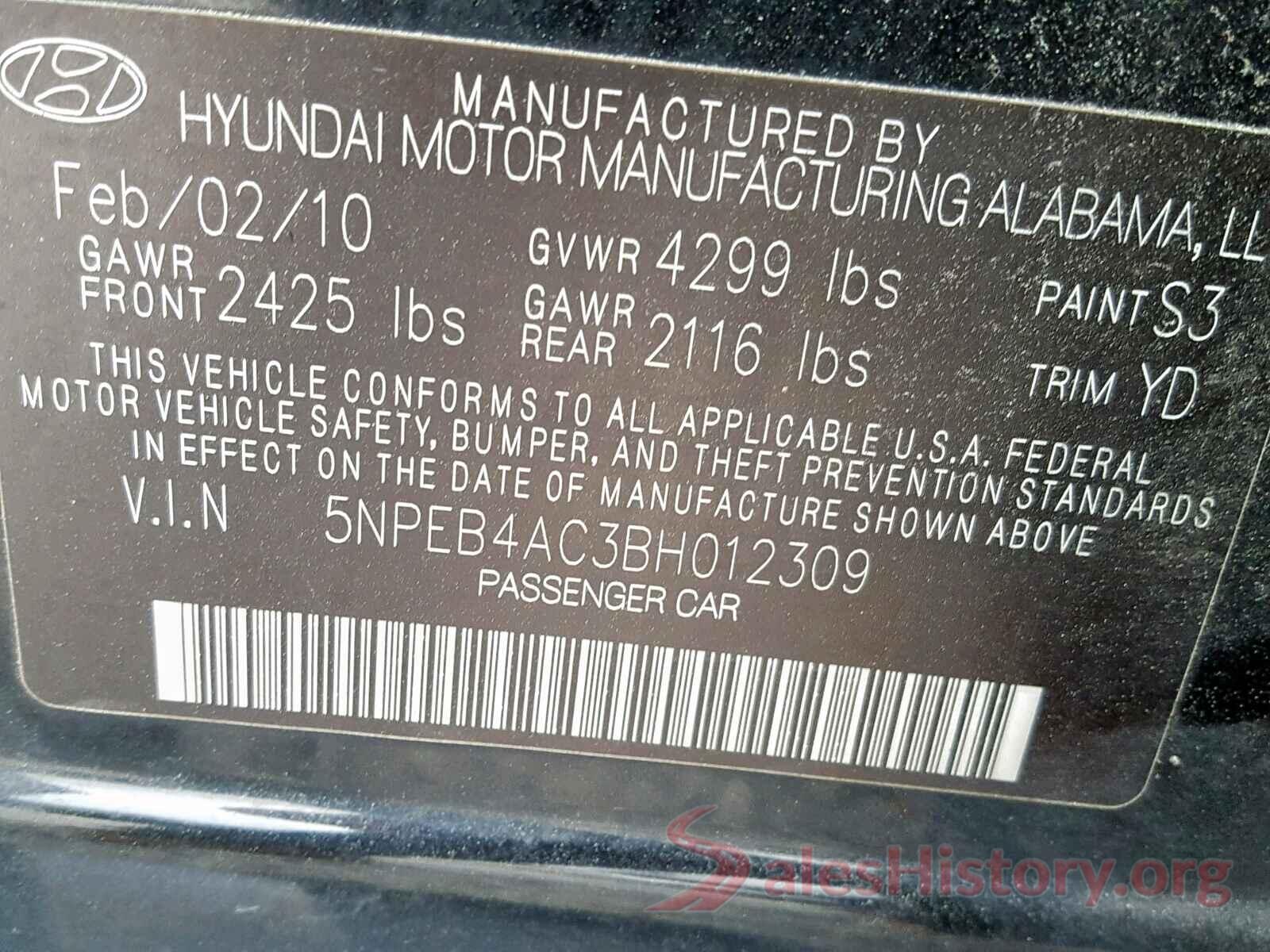 5NPEB4AC3BH012309 2011 HYUNDAI SONATA