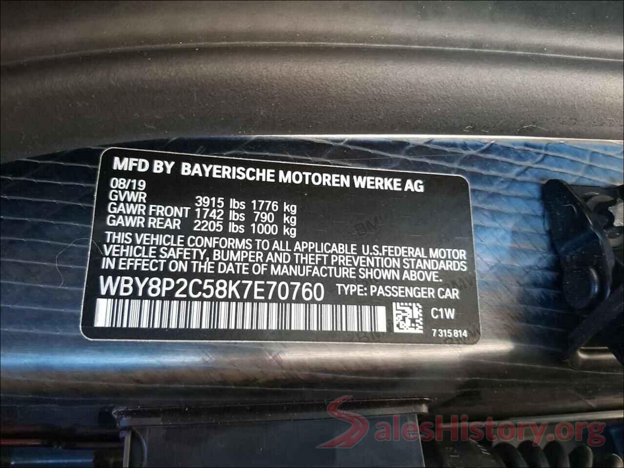 WBY8P2C58K7E70760 2019 BMW I SERIES