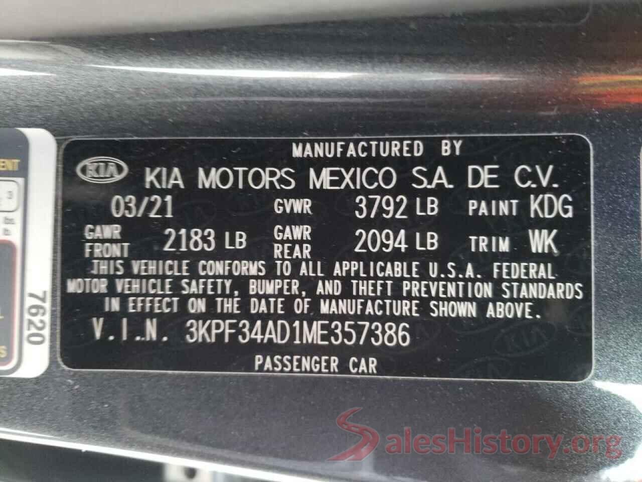 3KPF34AD1ME357386 2021 KIA FORTE