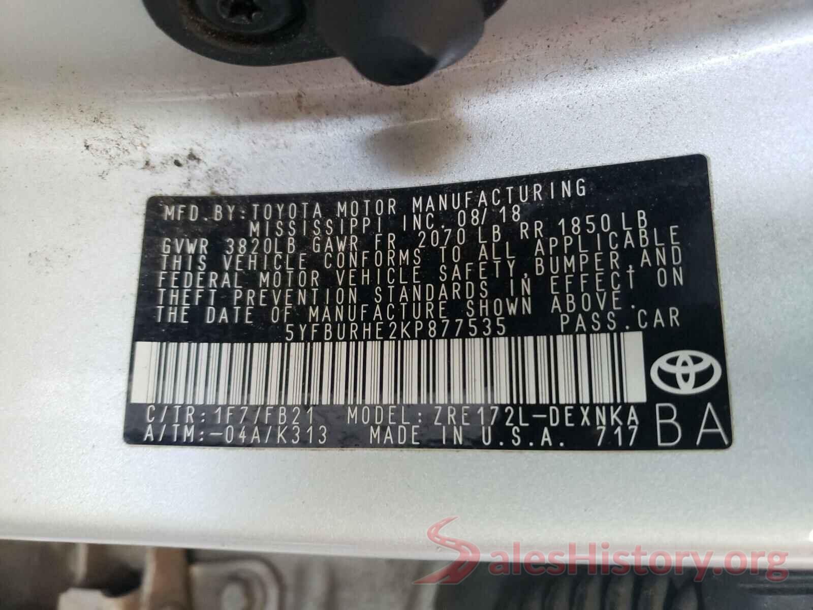 5YFBURHE2KP877535 2019 TOYOTA COROLLA