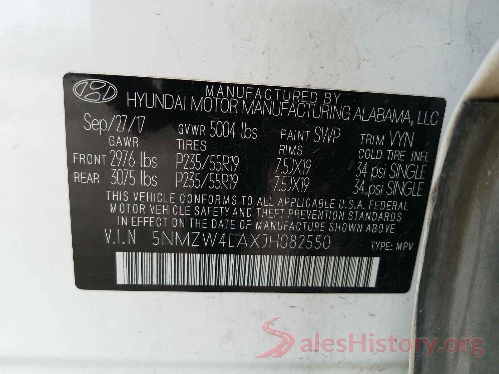 5NMZW4LAXJH082550 2018 HYUNDAI SANTA FE