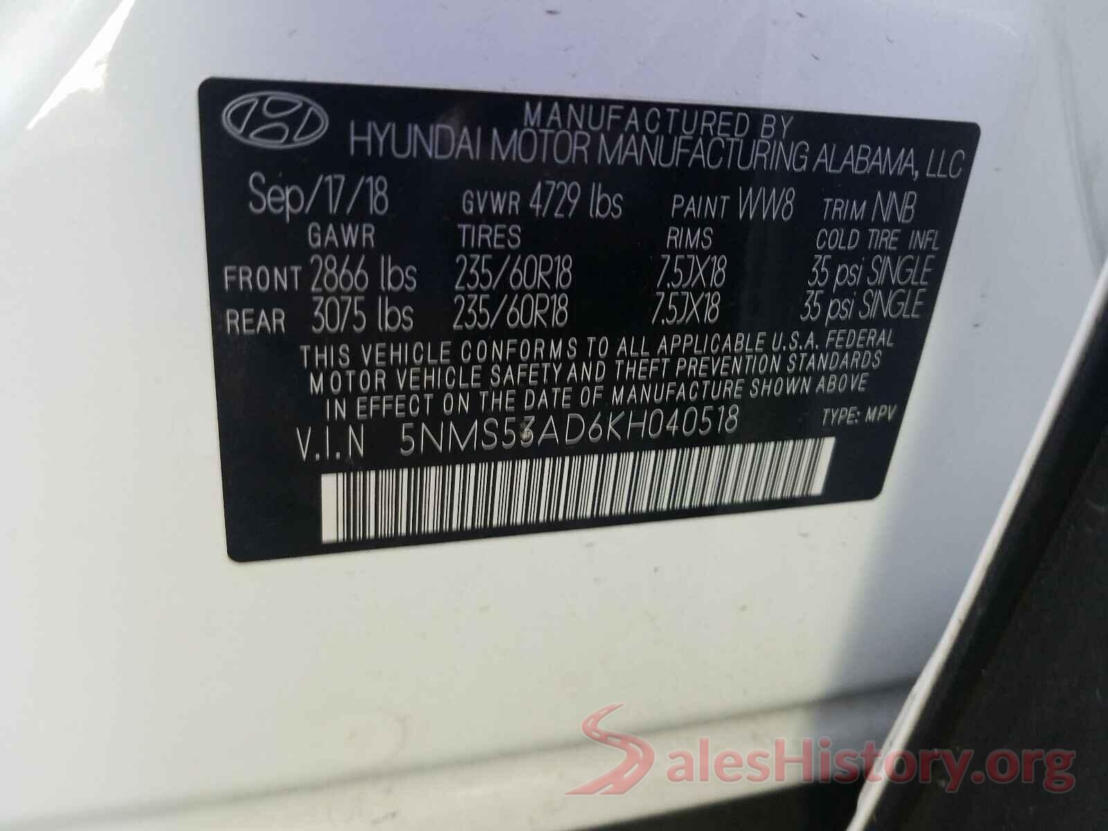 5NMS53AD6KH040518 2019 HYUNDAI SANTA FE