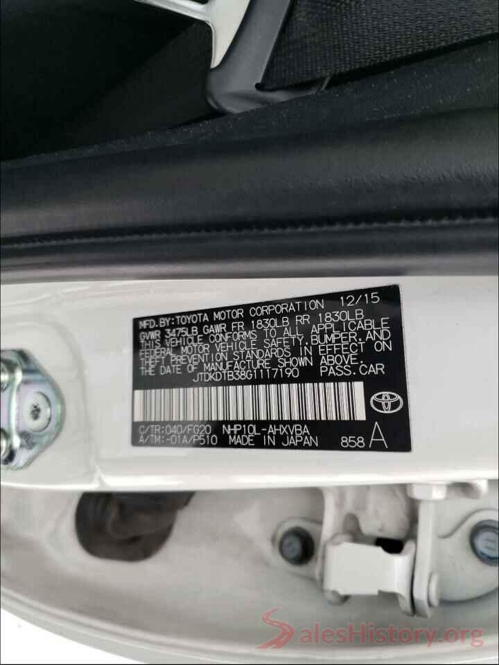 JTDKDTB38G1117190 2016 TOYOTA PRIUS