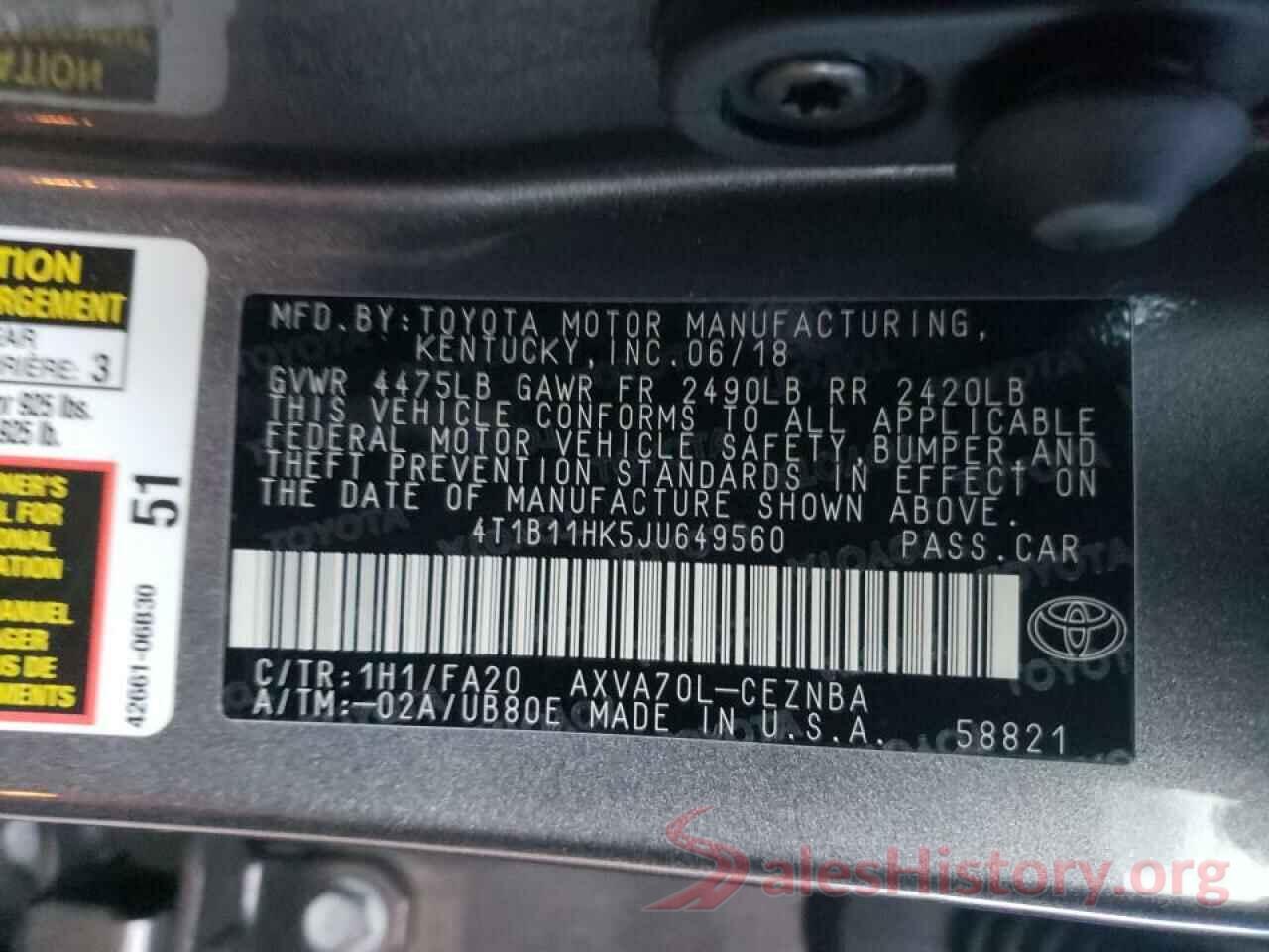 4T1B11HK5JU649560 2018 TOYOTA CAMRY