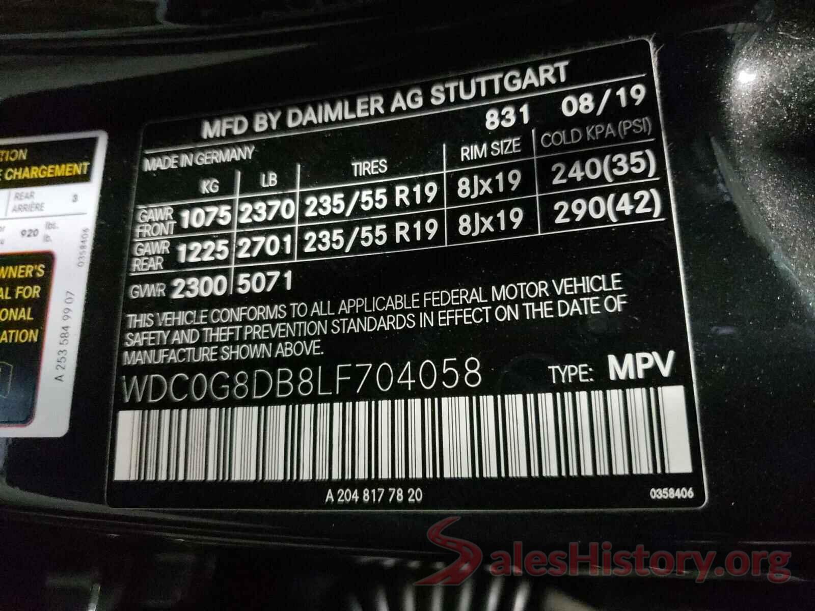 WDC0G8DB8LF704058 2020 MERCEDES-BENZ G CLASS