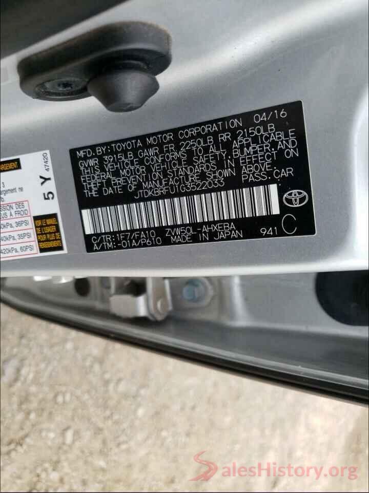 JTDKBRFU1G3522033 2016 TOYOTA PRIUS