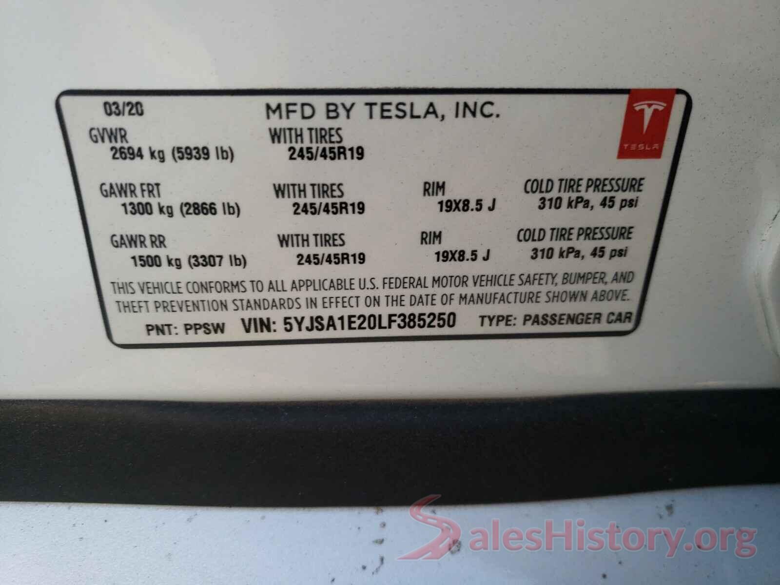 5YJSA1E20LF385250 2020 TESLA MODEL S