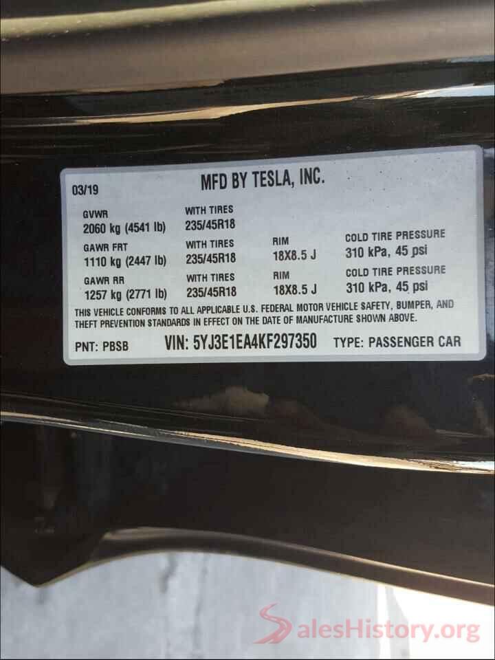 5YJ3E1EA4KF297350 2019 TESLA MODEL 3