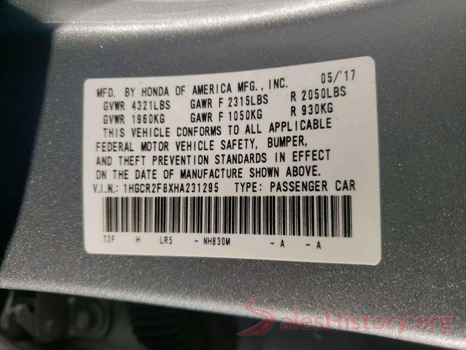 1HGCR2F8XHA231295 2017 HONDA ACCORD