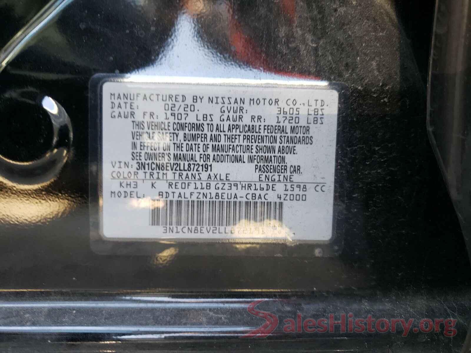 3N1CN8EV2LL872191 2020 NISSAN VERSA