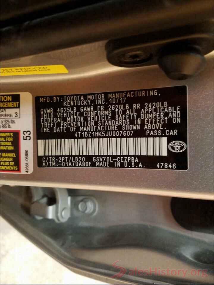 4T1BZ1HK5JU007607 2018 TOYOTA CAMRY