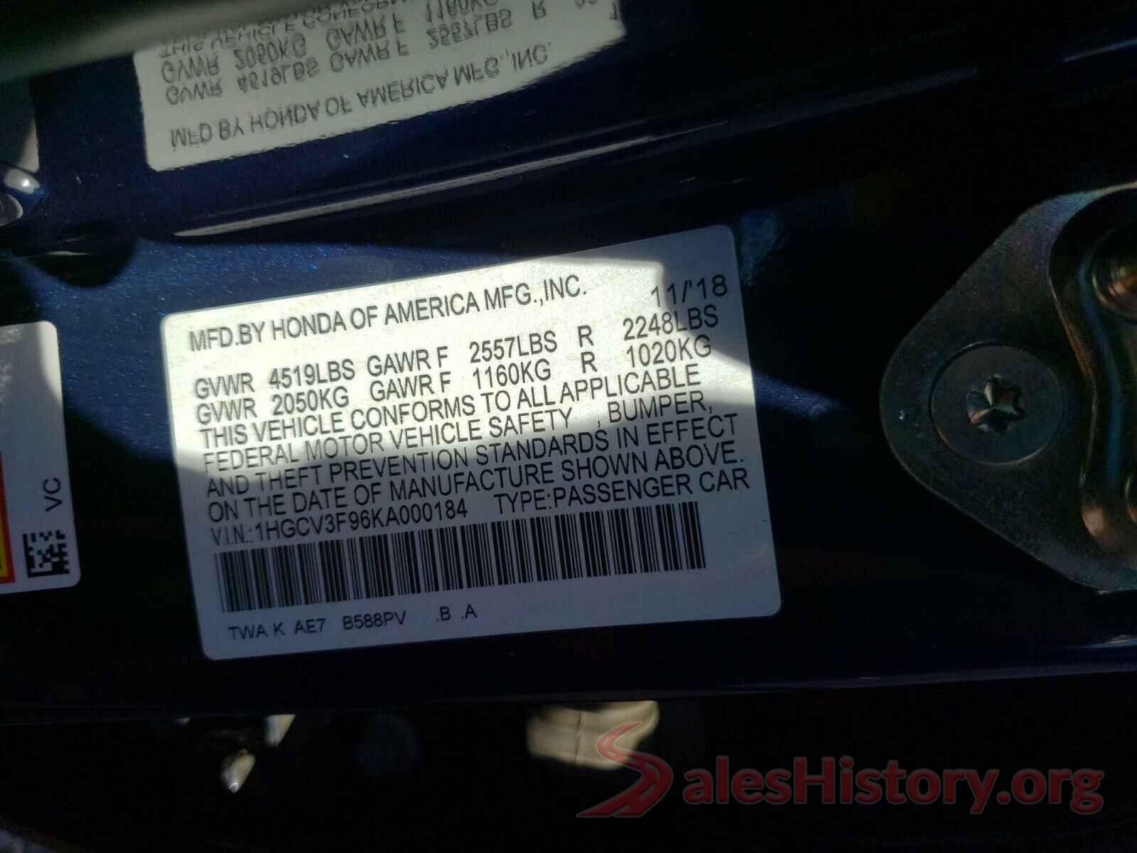 1HGCV3F96KA000184 2019 HONDA ACCORD