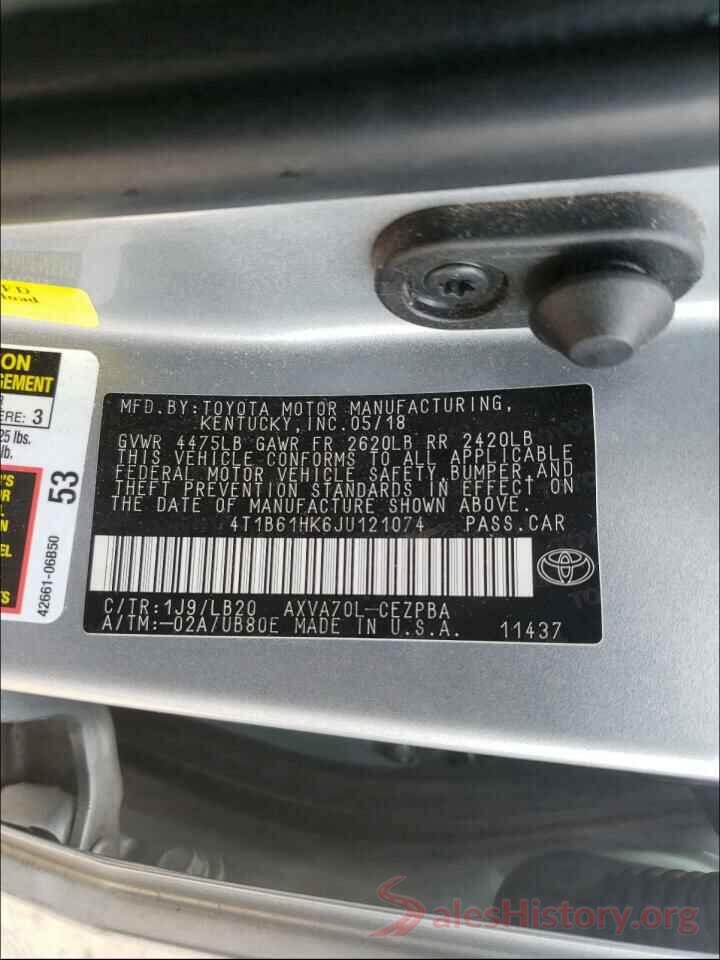 4T1B61HK6JU121074 2018 TOYOTA CAMRY