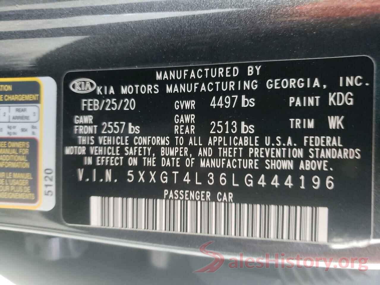 5XXGT4L36LG444196 2020 KIA OPTIMA