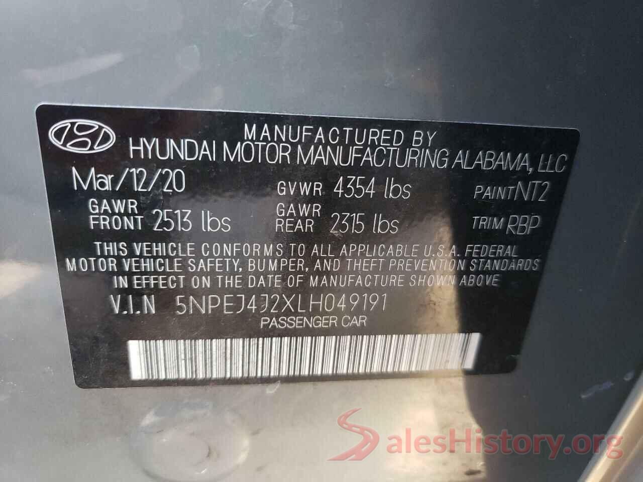 5NPEJ4J2XLH049191 2020 HYUNDAI SONATA