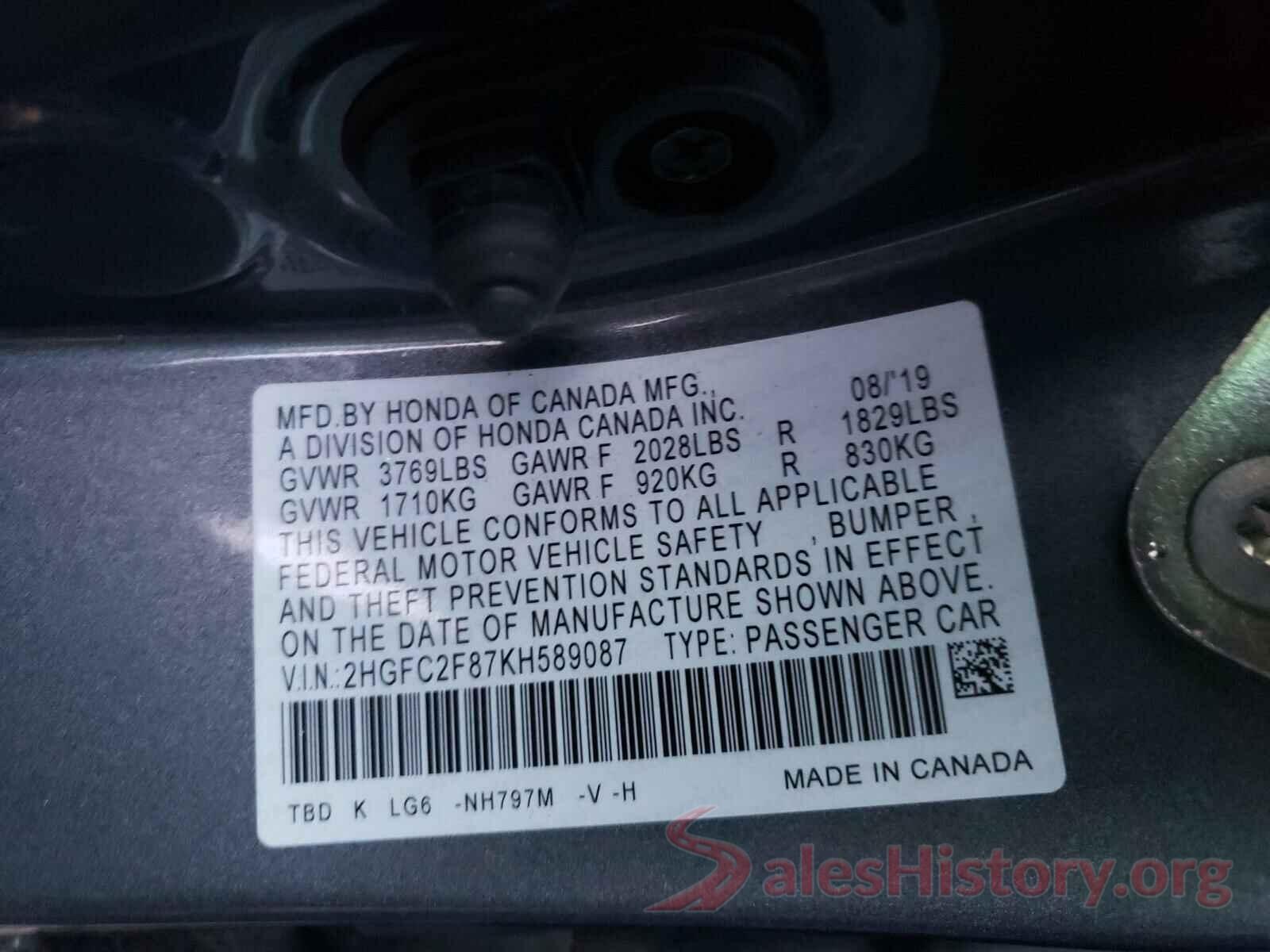 2HGFC2F87KH589087 2019 HONDA CIVIC