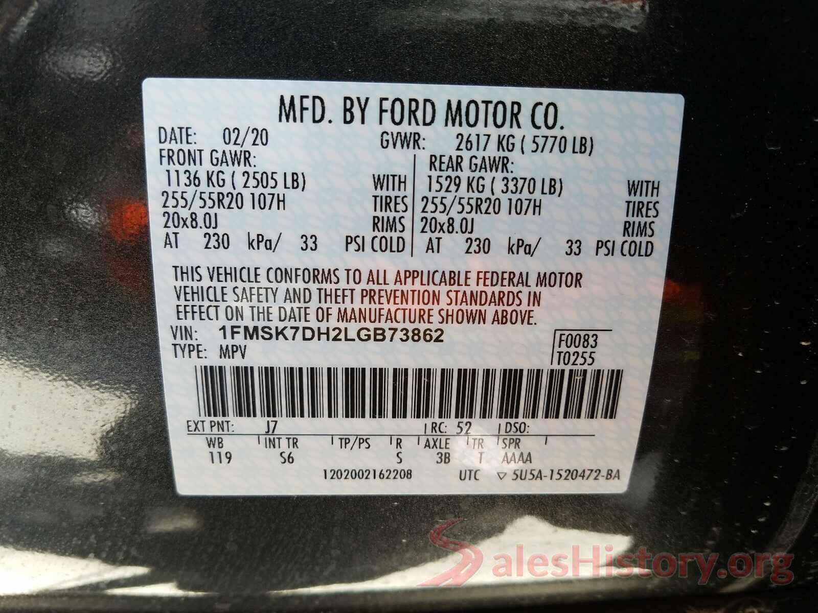 1FMSK7DH2LGB73862 2020 FORD EXPLORER