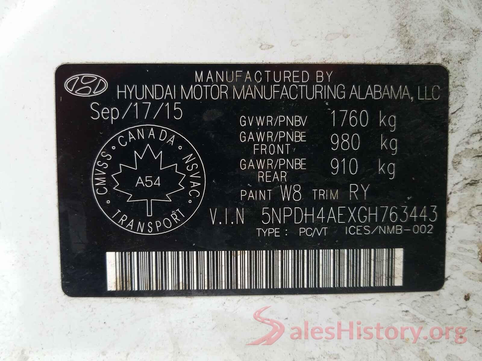 5NPDH4AEXGH763443 2016 HYUNDAI ELANTRA