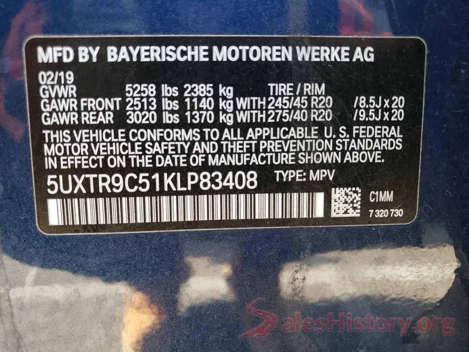 5UXTR9C51KLP83408 2019 BMW X3