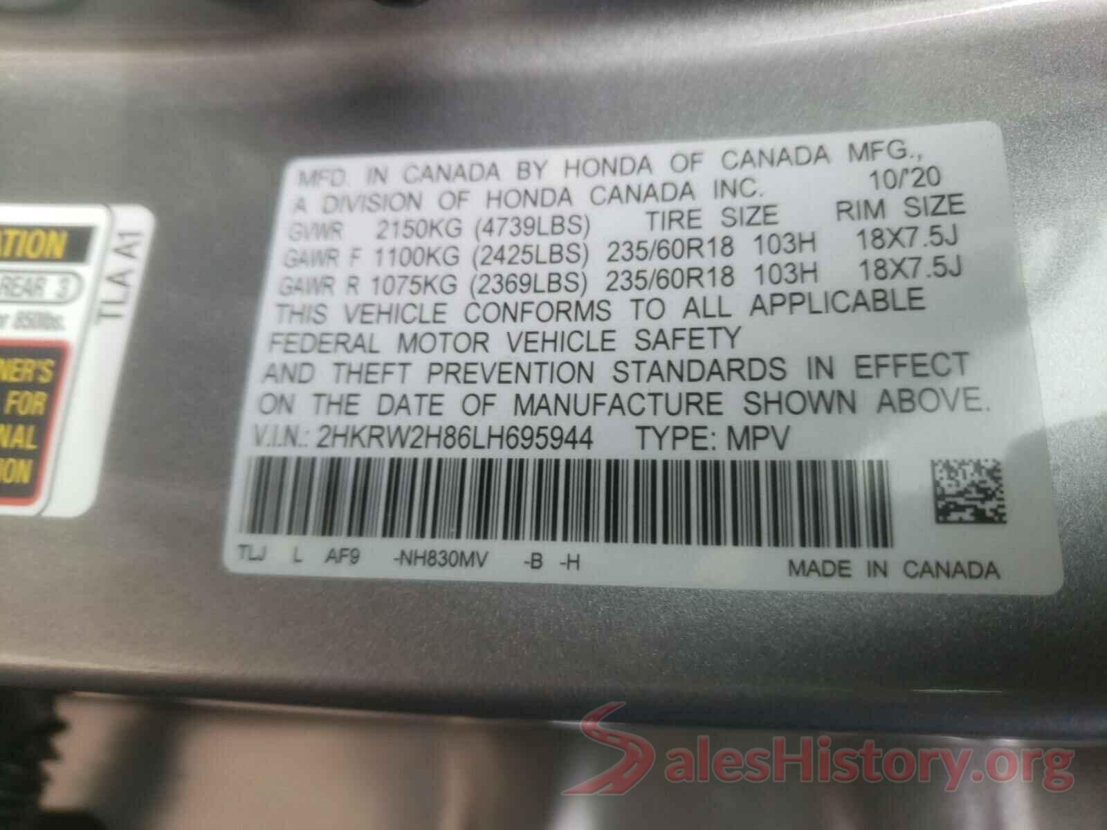 2HKRW2H86LH695944 2020 HONDA CRV