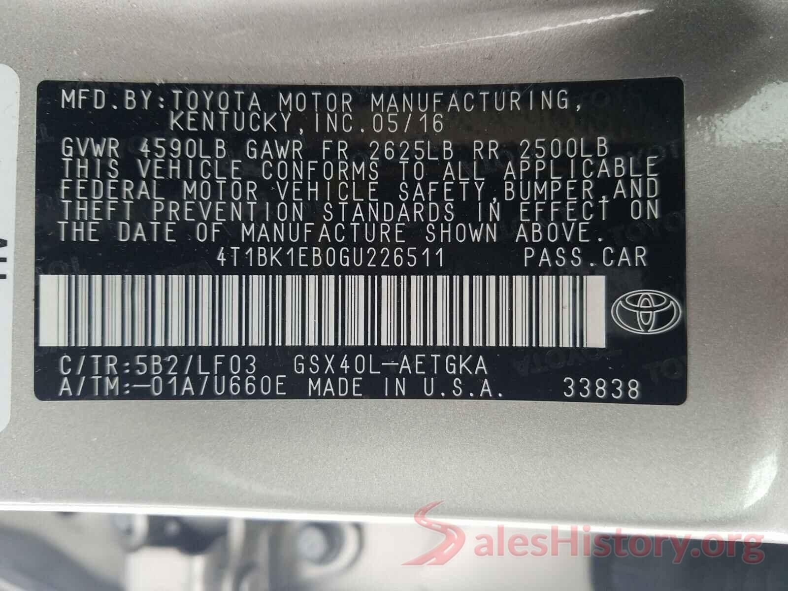 4T1BK1EB0GU226511 2016 TOYOTA AVALON