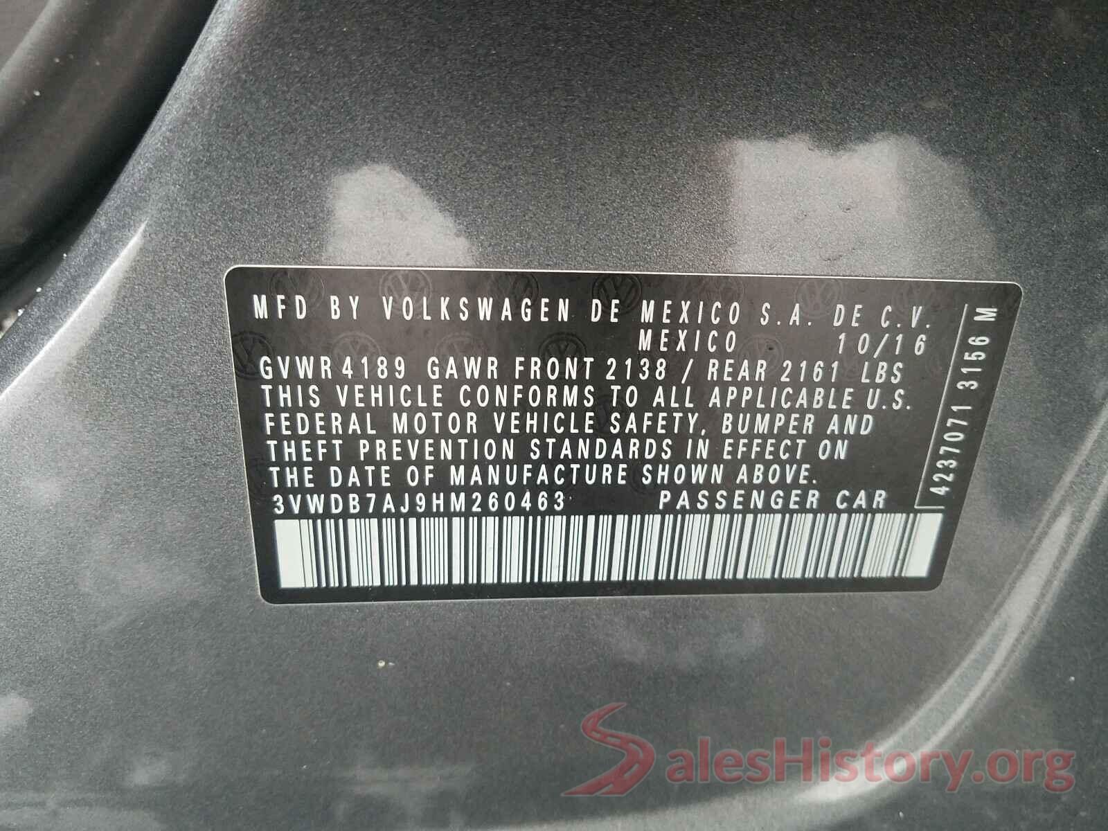 3VWDB7AJ9HM260463 2017 VOLKSWAGEN JETTA