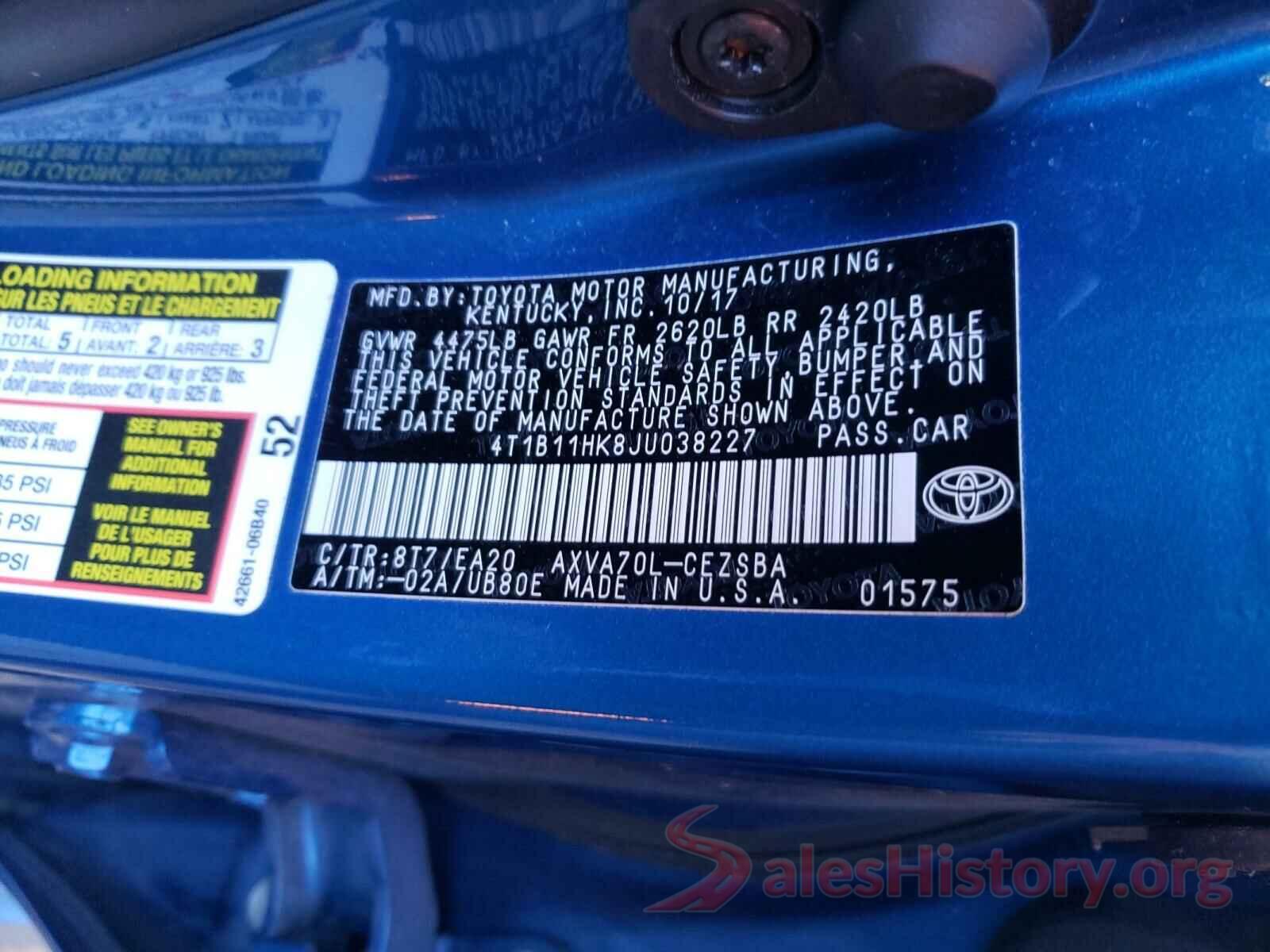 4T1B11HK8JU038227 2018 TOYOTA CAMRY