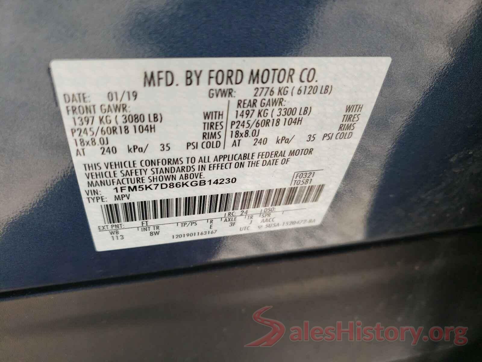 1FM5K7D86KGB14230 2019 FORD EXPLORER