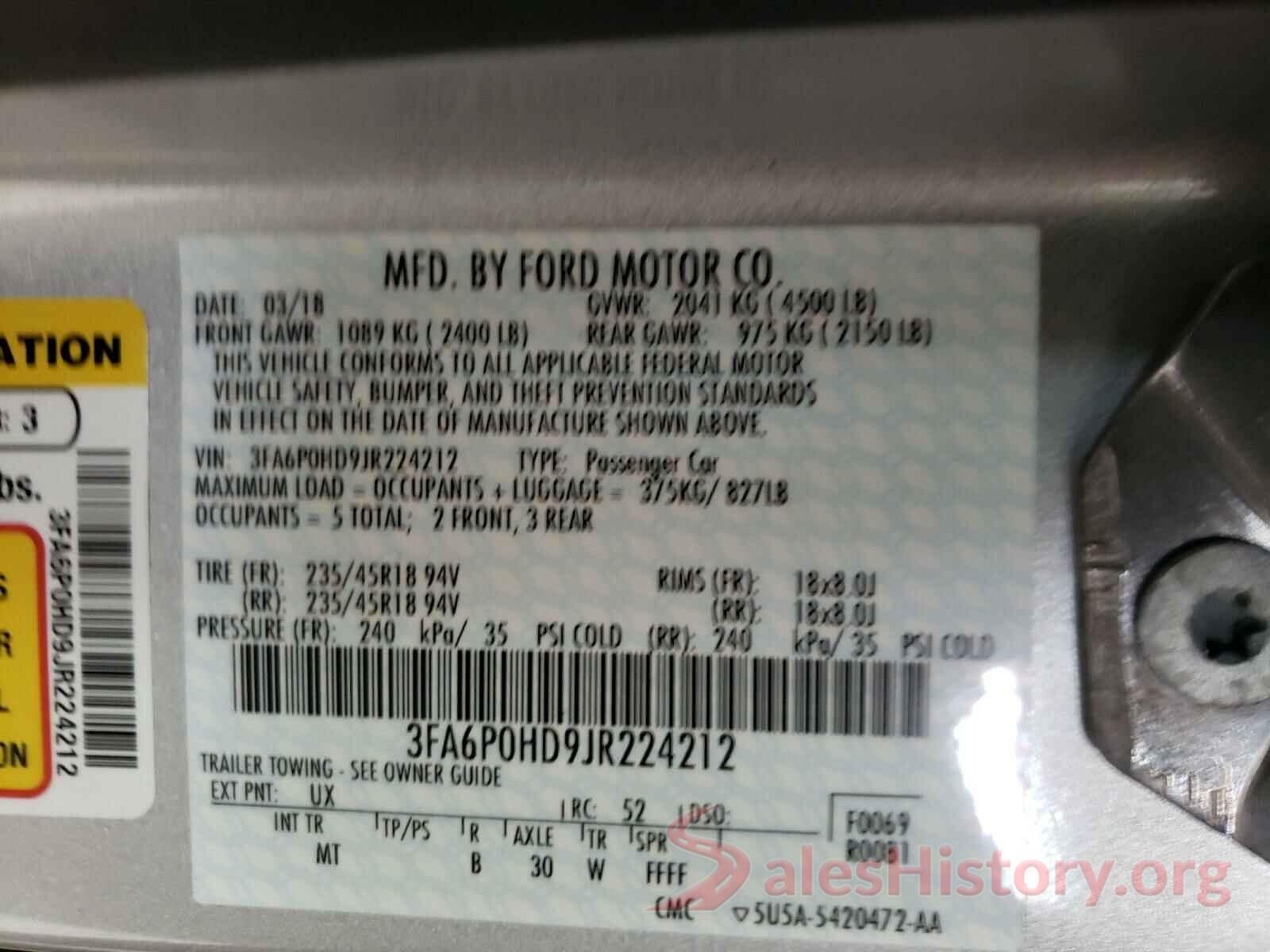 3FA6P0HD9JR224212 2018 FORD FUSION