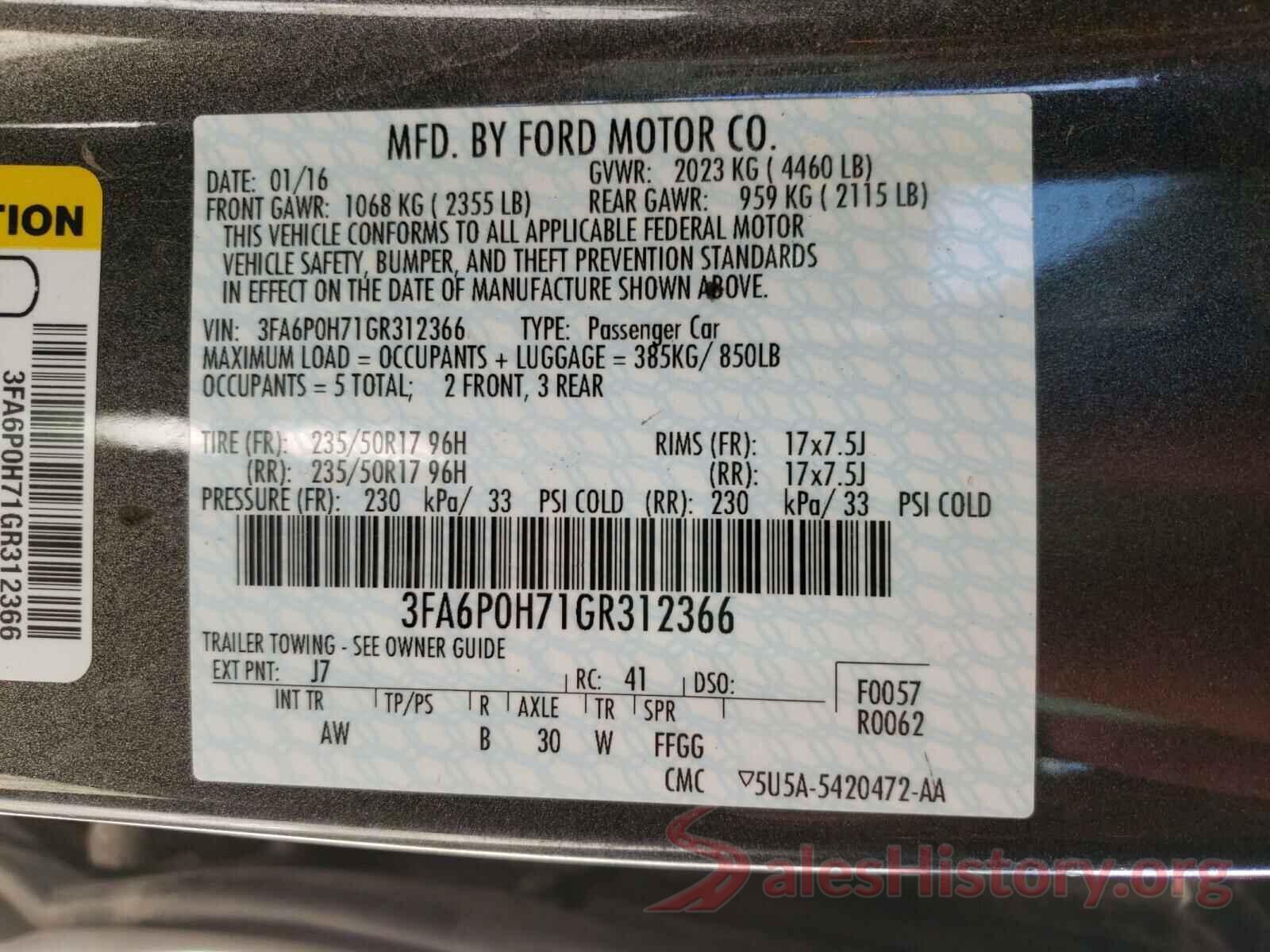 3FA6P0H71GR312366 2016 FORD FUSION