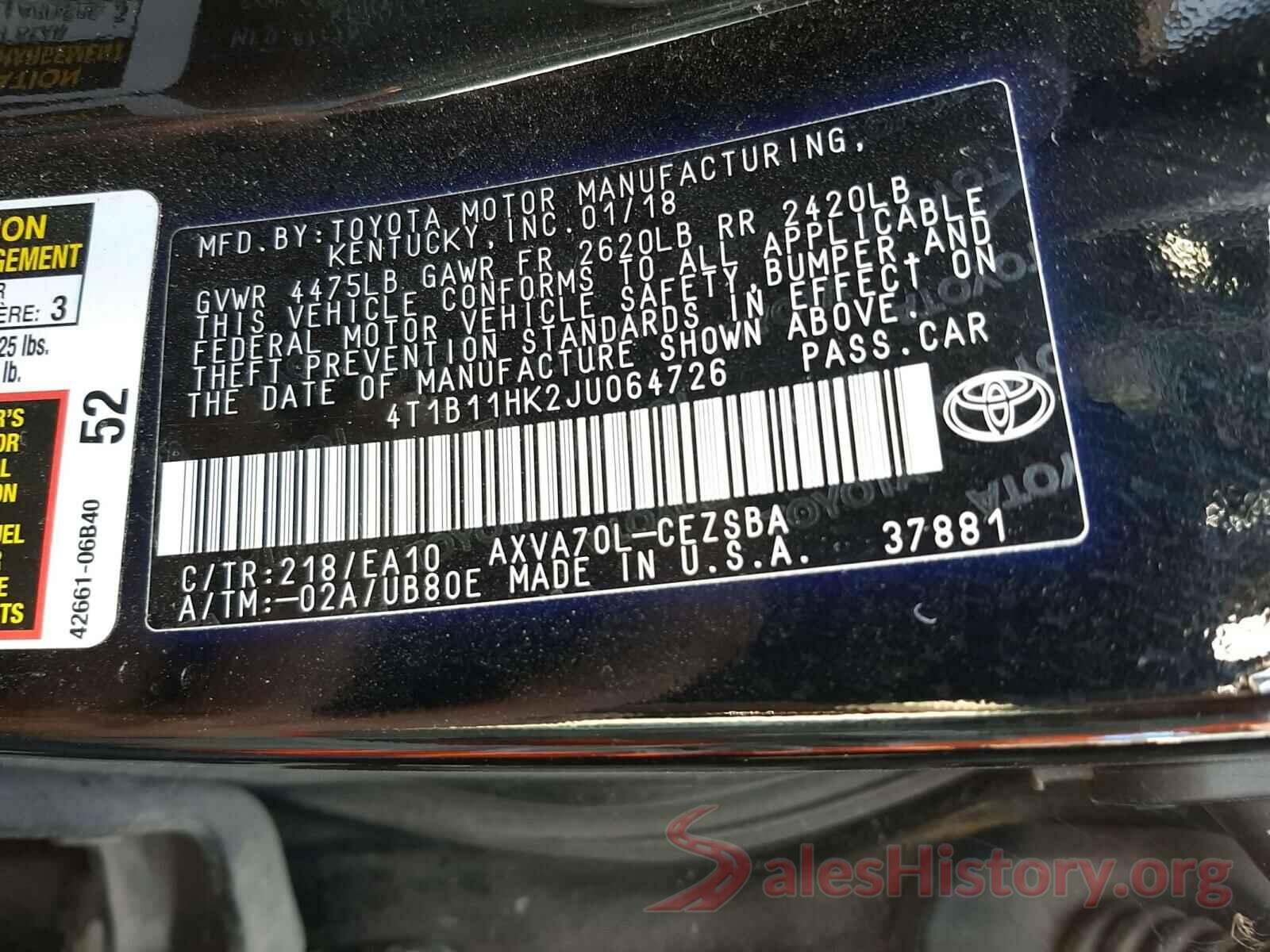 4T1B11HK2JU064726 2018 TOYOTA CAMRY