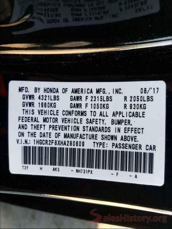 1HGCR2F8XHA280609 2017 HONDA ACCORD