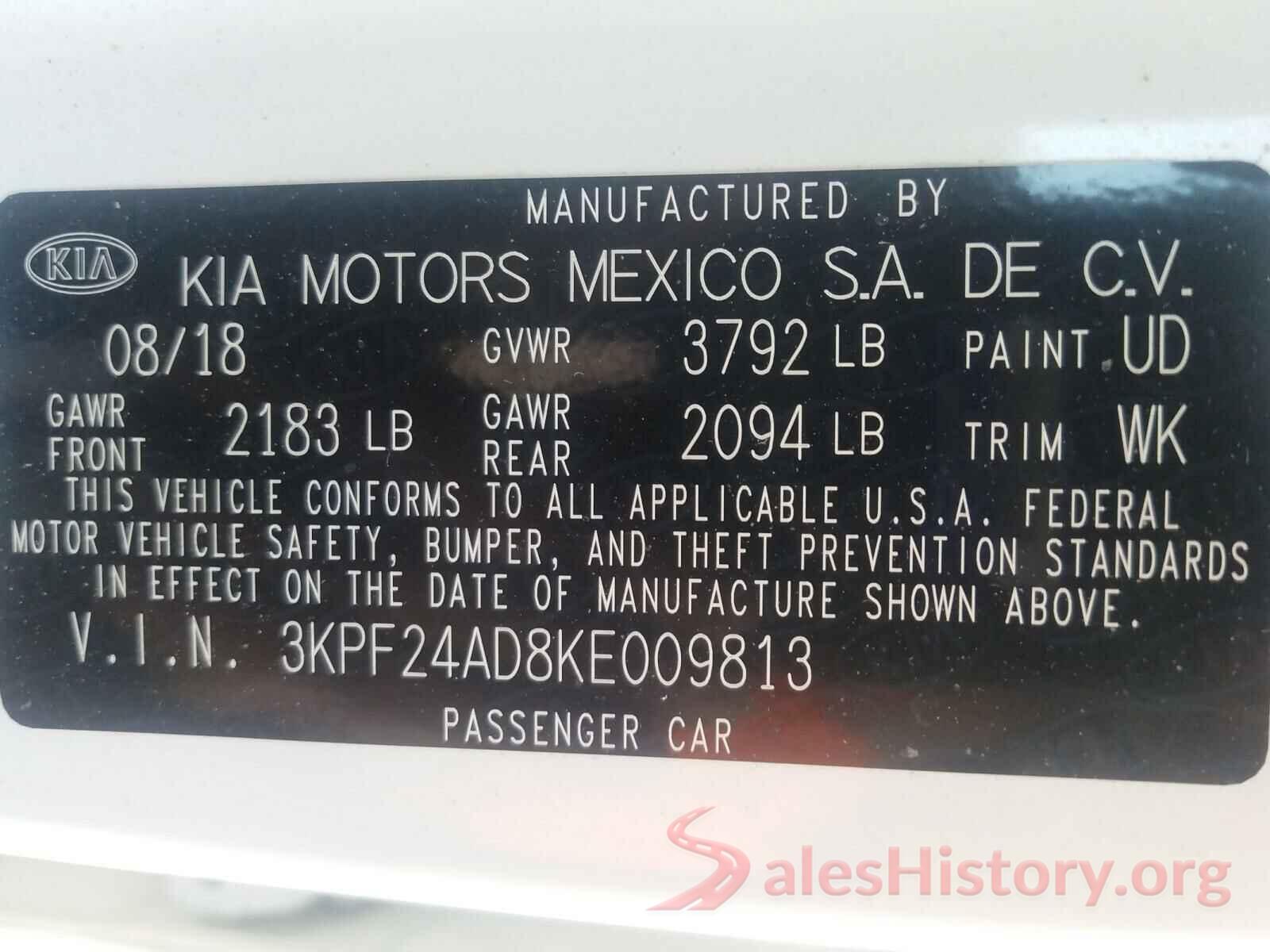 3KPF24AD8KE009813 2019 KIA FORTE