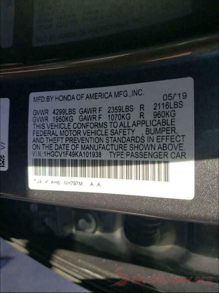 1HGCV1F49KA101938 2019 HONDA ACCORD