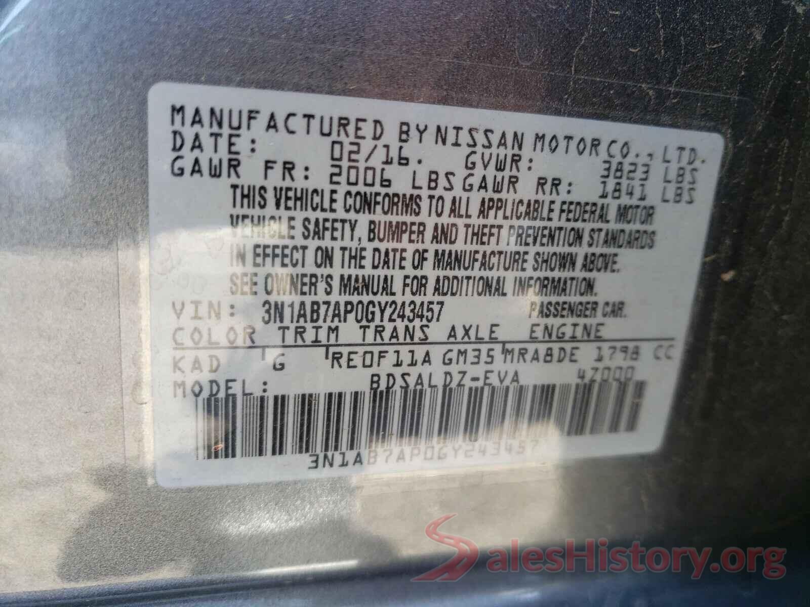 3N1AB7AP0GY243457 2016 NISSAN SENTRA