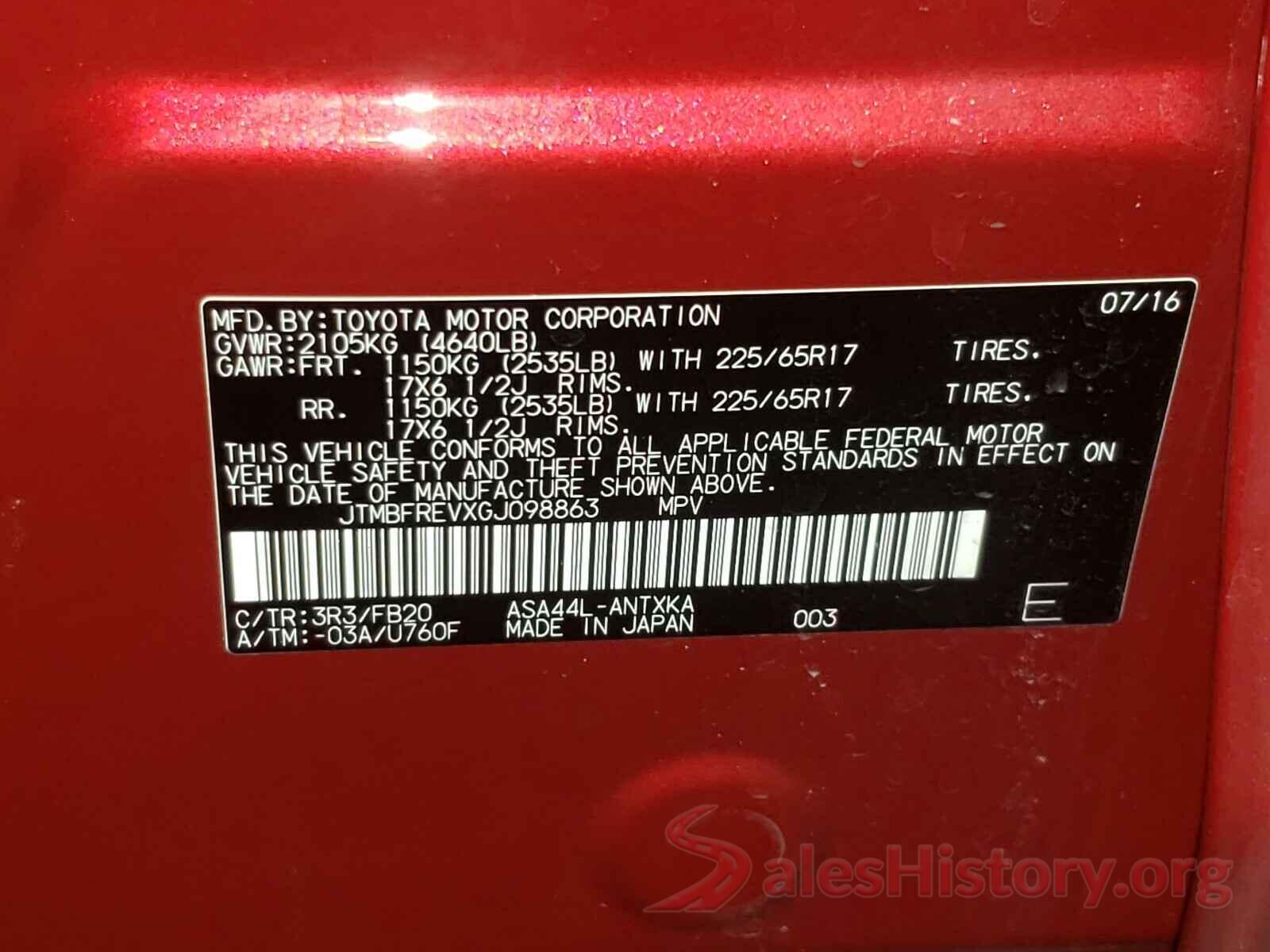 JTMBFREVXGJ098863 2016 TOYOTA RAV4