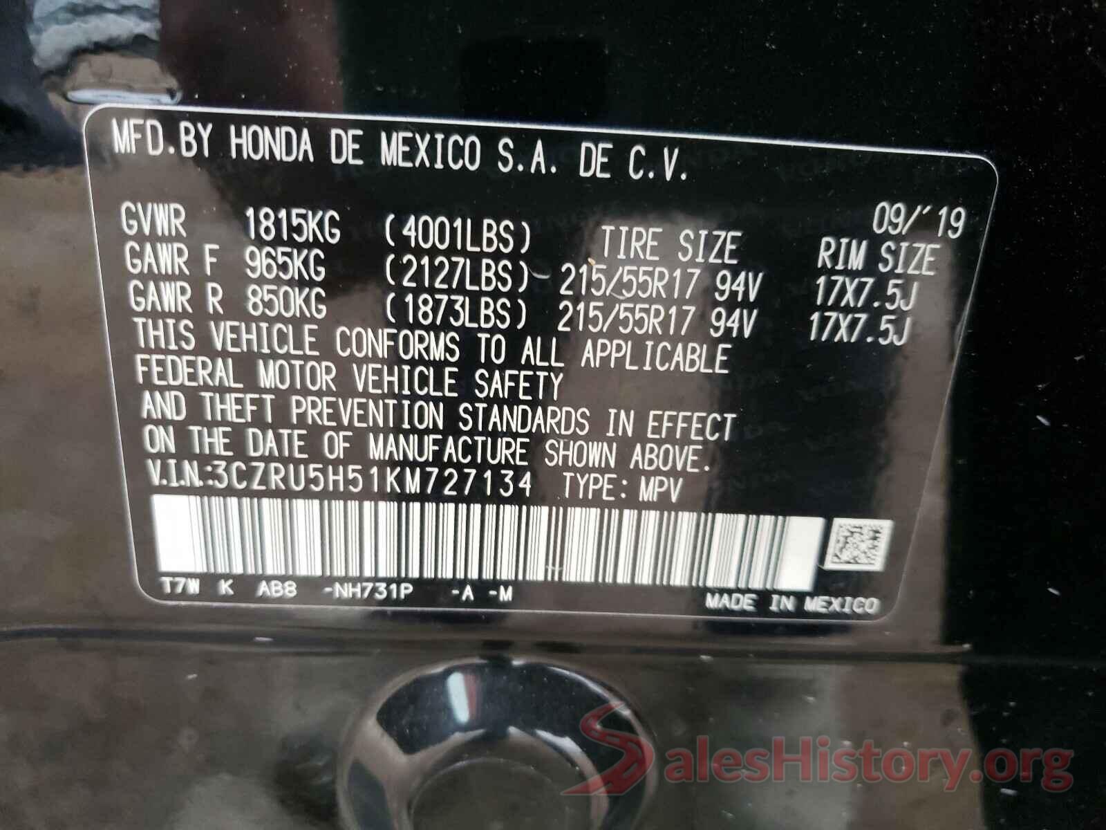 3CZRU5H51KM727134 2019 HONDA HR-V