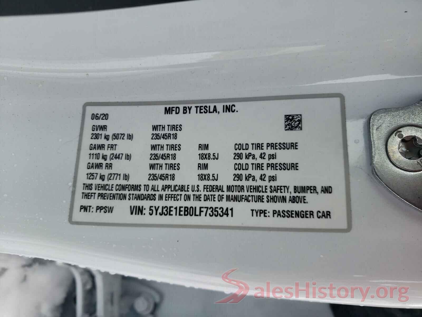 5YJ3E1EB0LF735341 2020 TESLA MODEL 3