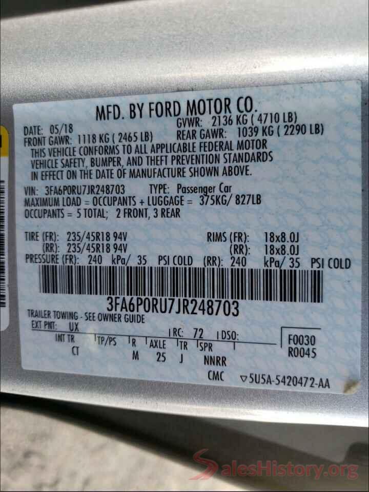 3FA6P0RU7JR248703 2018 FORD FUSION