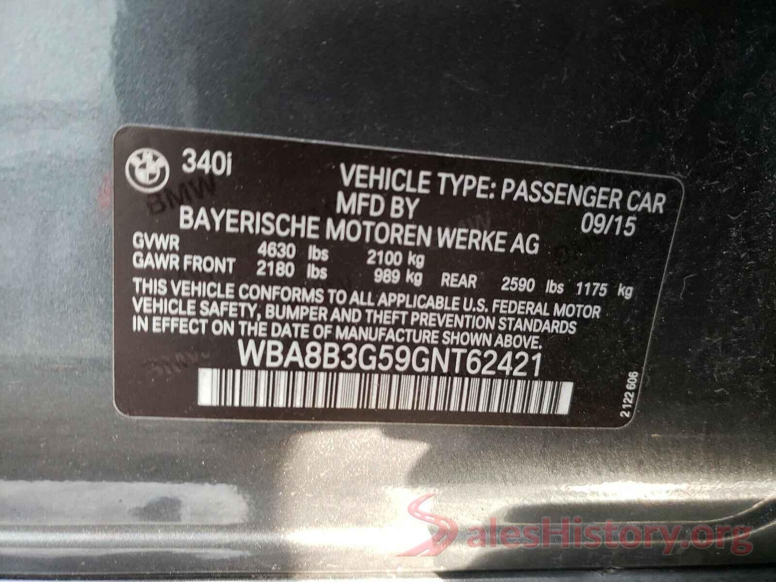 WBA8B3G59GNT62421 2016 BMW 3 SERIES