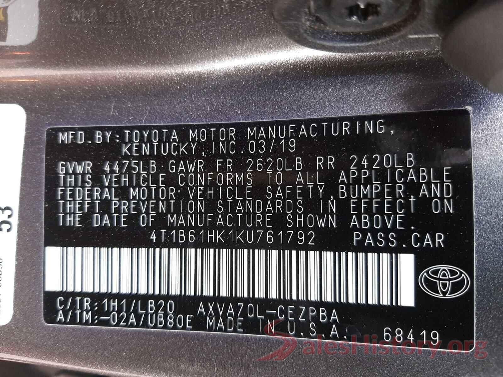 4T1B61HK1KU761792 2019 TOYOTA CAMRY