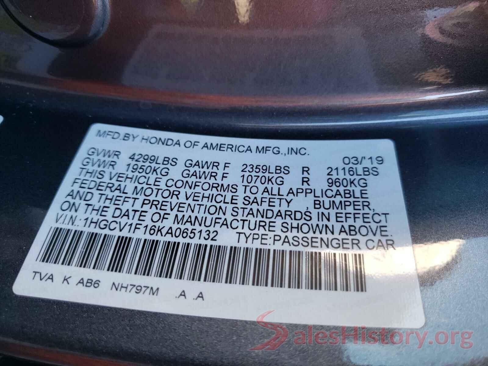 1HGCV1F16KA065132 2019 HONDA ACCORD