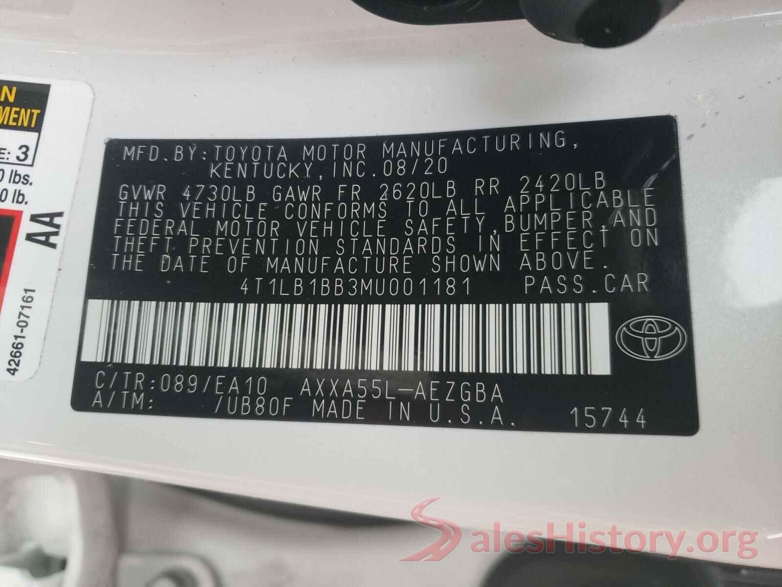 4T1LB1BB3MU001181 2021 TOYOTA AVALON