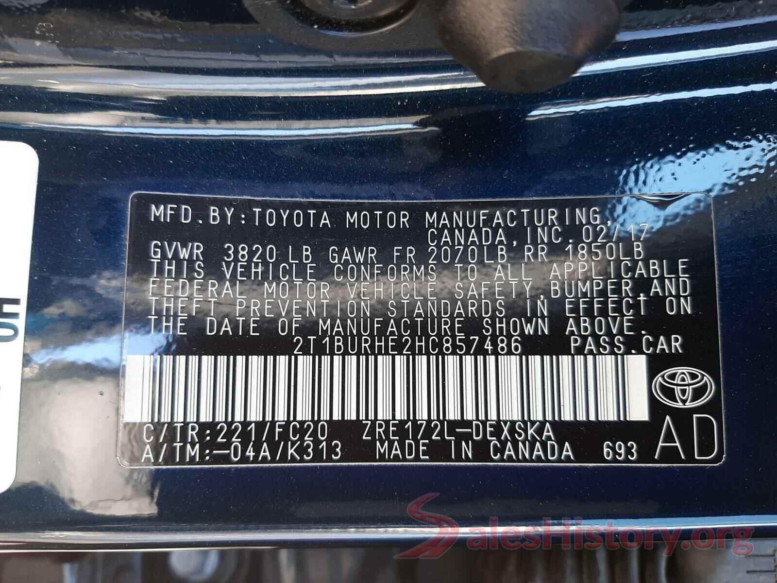 2T1BURHE2HC857486 2017 TOYOTA COROLLA