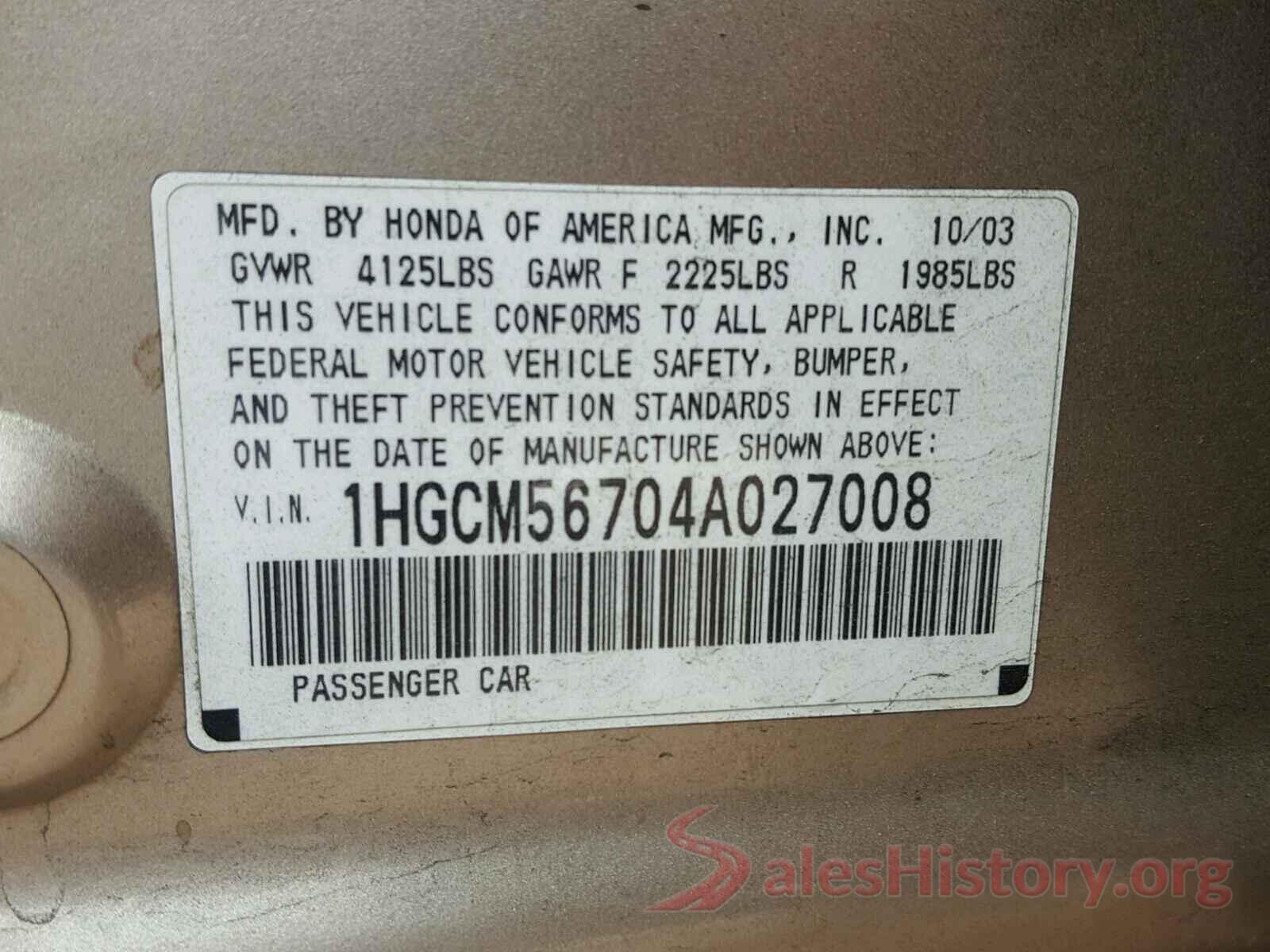 3CZRU6H38KG725688 2004 HONDA ACCORD