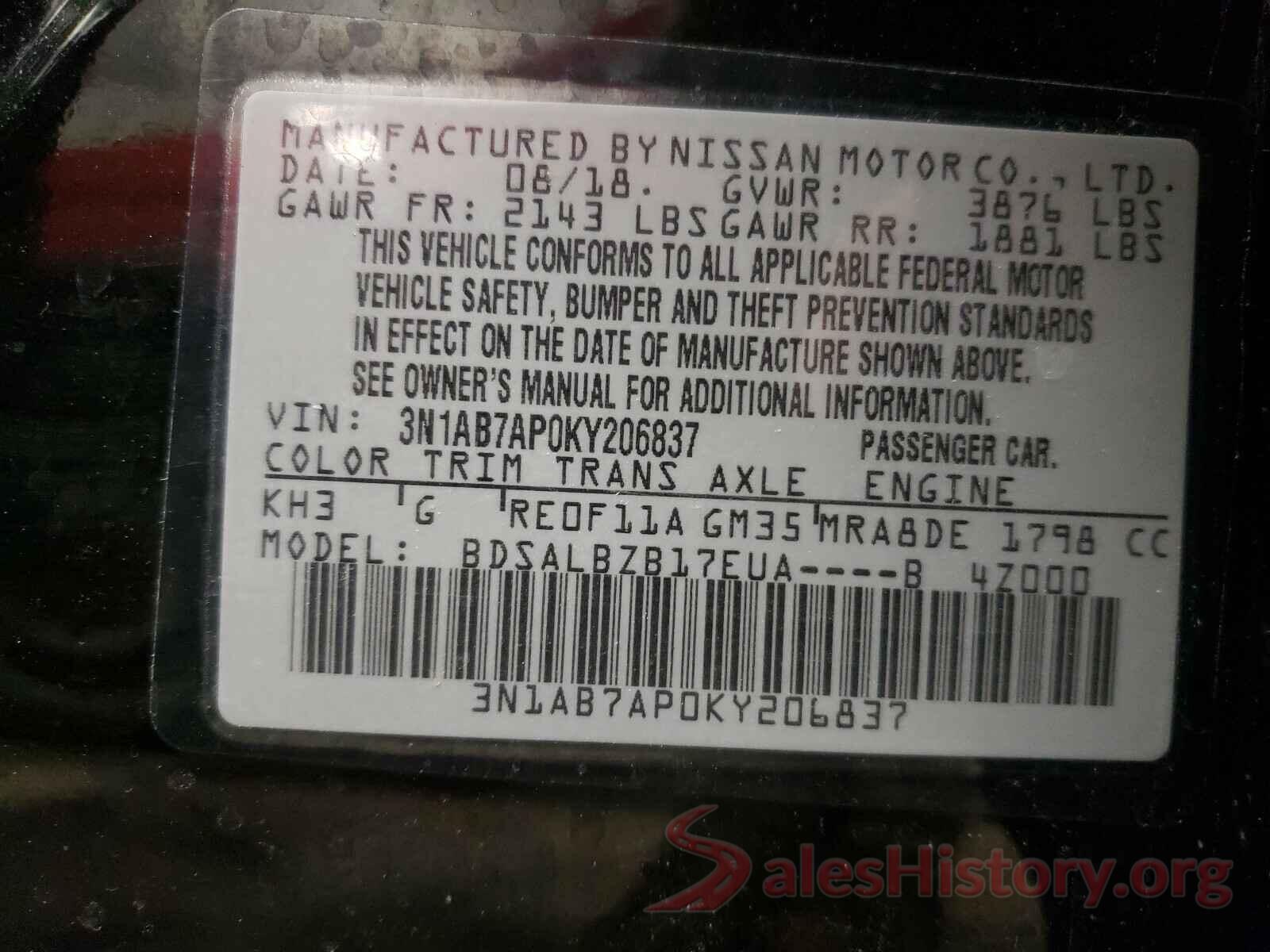 3N1AB7AP0KY206837 2019 NISSAN SENTRA