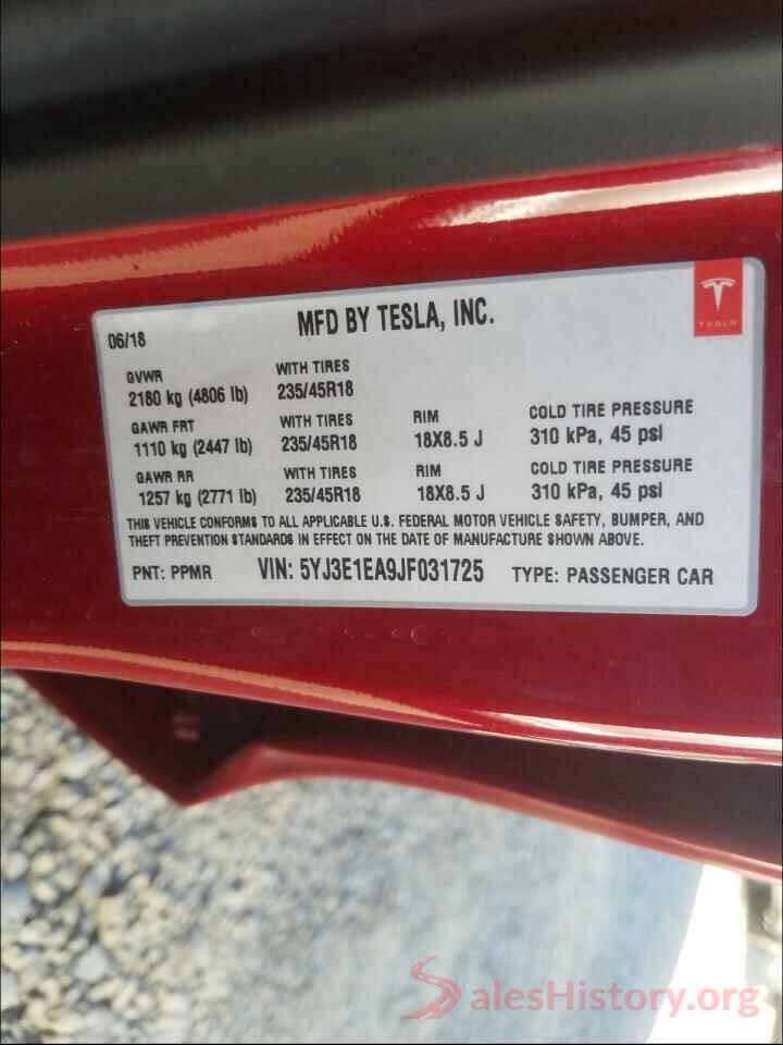 5YJ3E1EA9JF031725 2018 TESLA MODEL 3